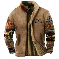 Heidi-Mode | Grafische Fleece-Herrenjacke mit Reißverschluss Casual und Komfortabel – Braun
