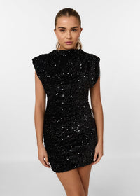 Heidi-Mode | Pailletten Mini Kleid mit gepolsterten Schultern – Schwarz