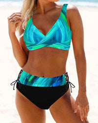 Samantha – Hohe Taille bunter Bikini Badeanzug – Cyan