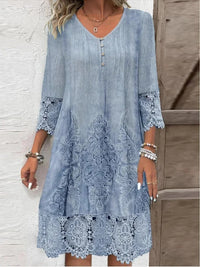 Nora | Damen Boho Blumen-Tunika Kleid mit Spitzenärmeln – Blau