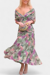 Elfriede | Damen Off-Shoulder Maxikleid Gerafft Elegant Festlich Sommer – Grün und Lila