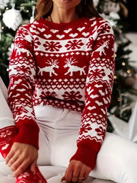 Parynaya | Gemütliche Eleganz Pullover mit Rentier- und Schneeflockenmotiv – Rot+Weiß