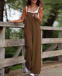 Elfriede | Damen Leinenjumpsuit Latzhose Wide-Leg-Pants Träger Hosenanzug – 1