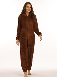 Leyetta | Reißverschluss Teddy-Jumpsuit mit Kapuze – Kaffee