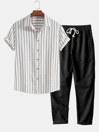 Emmerich-Set mit gestreiftem Kurzarmhemd und Hose mit Kordelzug – Weiß und Schwarz