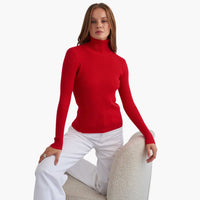 Damen Turtleneck Pullover mit gerippten Bündchen und Saum – Rot