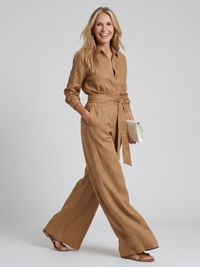 Jovie | Langärmliger Jumpsuit mit Knopfleiste und weitem Bein – Khaki