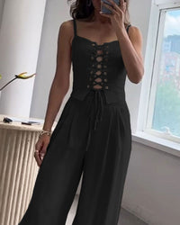 Pendler Alleskönner String Top & Hosen Zweiteiliges Set – Schwarz