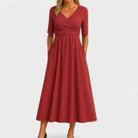 Lilian | Damen Maxikleid V-Ausschnitt Kurzarm Fließend Sommer Elegant – Rot
