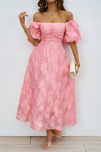 Heidi-Mode | Tägliches Gerafftes Off-Shoulder Ballkleid mit Kurzen Ärmeln - 3 Farben – Rosa