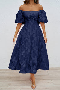 Heidi-Mode | Tägliches Gerafftes Off-Shoulder Ballkleid mit Kurzen Ärmeln - 3 Farben – Tibetblau