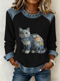 Karmela - Vintage Jeansstoff Patchwork Drucken Oberteil – Schwarz