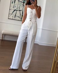 Pendler Alleskönner String Top & Hosen Zweiteiliges Set – Weiß