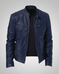 Ralf | Herren Leder-Bikerjacke mit Reissverschluss – Blau