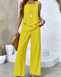 Damen Weitbeiniger Freizeit Zweiteiler | Ärmelloses Oberteil & Hose Set – Gelb