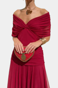 Inés | Langes Blumenkleid mit V-Ausschnitt – Rot