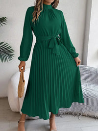 Sana | Damen Abend Plissierter Hochgeschlossener Midikleid – Grün