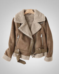 Vanessa | Damen Leder Sherpa Bikerjacke – Braun