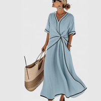 Veronika | Damen Midikleid V-Ausschnitt Bindegürtel Elegant Feminin – Blau