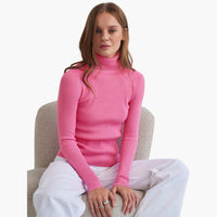 Damen Turtleneck Pullover mit gerippten Bündchen und Saum – Pink