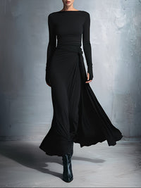 Laura | Damen Elegant Drapiertes Langarm Maxikleid – Schwarz