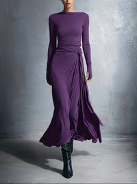 Laura | Damen Elegant Drapiertes Langarm Maxikleid – Lila
