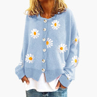 Damenstrick jacke mit Knopfverschluss und Blumenmuster – Blau