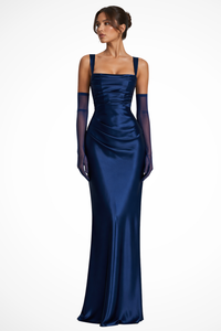 Vivienne | Women Square Neck Ruched Satin Maxi Wedding Guest Dress – Marine