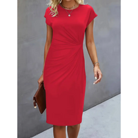 Damen Elegante Gerafftes Bodycon Kleid | Kurze Ärmel – Rot
