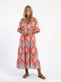 Zaria | Paisley-Druck V-Ausschnitt Kurzarm Midi-Kleid – Rot