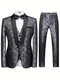 Herren Metallisch Formell Stylisch Hochzeitsgast Anzug Set | 3-teiliges Set – Dunkelgrau