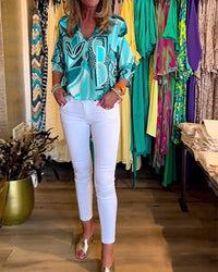 Heidi-Mode | Bunte Langärmlige Bluse mit Print – Blau