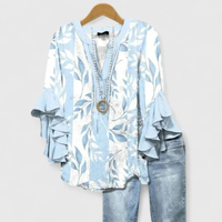 Viviane | Damen Top Blumenmuster Rüschenärmel Romantic Feminin Sommer – Hellblau