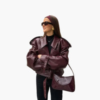 Damen Kurzjacke mit Reverskragen und Frontreißverschluss – Dunkelrot