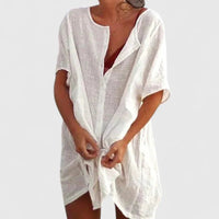 Sabina | Damen Strand Überwurf Kleid Locker Knopfleiste Sommer Casual – Weiß