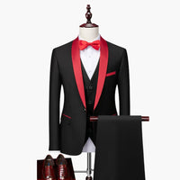 Herren Anzug dreiteilig mit rotem Besatz und Schalkragen – Schwarz Rot / 3 Pcs Satz
