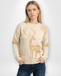 Damen Weihnachts-Pullover mit Rentiermotiv und Rundhalsausschnitt – Beige