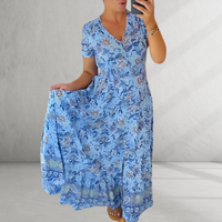 Heidi-Mode | Print Gemütliches V-Ausschnitt Lang Kleid – Blau