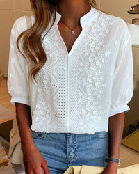 Anna | Damen Bestickte Kurzarm Bluse – Weiß