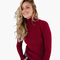 Damen Turtleneck Pullover mit gerippten Bündchen und Saum – Weinrot