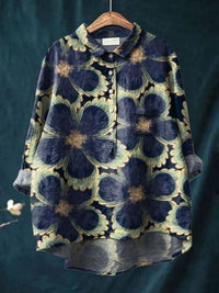Rosa | Aquarell Blumen Oversized Hemdbluse – Dunkelblau