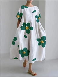 Amalia Blumenkleid | Stilvolles Kleid mit übergroßem Blumenmuster – Weiß-Grün