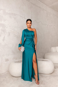 Dorie™ - Asymmetrisches Kleid mit Langem Schlitz – Pfauenblau