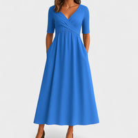 Lilian | Damen Maxikleid V-Ausschnitt Kurzarm Fließend Sommer Elegant – Hellblau