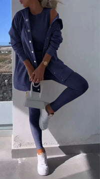 Heidi-Mode | Dreiteiliges Ensemble Kapuzen-Cardigan Sweatshirt – Dunkelblau