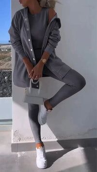 Heidi-Mode | Dreiteiliges Ensemble Kapuzen-Cardigan Sweatshirt – Grau