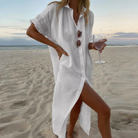 Strandkleid für Damen - Luftige Leinen-Optik Hemdblusenkleid für Sommer – Weiß