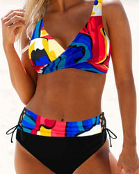 Samantha – Hohe Taille bunter Bikini Badeanzug – Blau