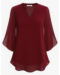 Damen Elegante V-Ausschnitt Bluse | 3/4 Ärmel – Weinrot