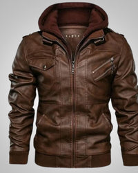 Stefan | Herren Klassische Biker Lederjacke mit Kapuze – Braun